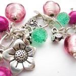 Cluster Bracelet, Charm Bracelet, Fuschia Pink,..