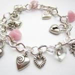 Silver Charm Bracelet, Hearts Charm Bracelet, Pink..