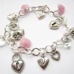 Silver Charm Bracelet, Hearts Charm Bracelet, Pink..