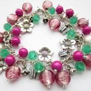 Cluster Bracelet, Charm Bracelet, Fuschia Pink, Green, Flowers, Butterflies, Glass Beads
