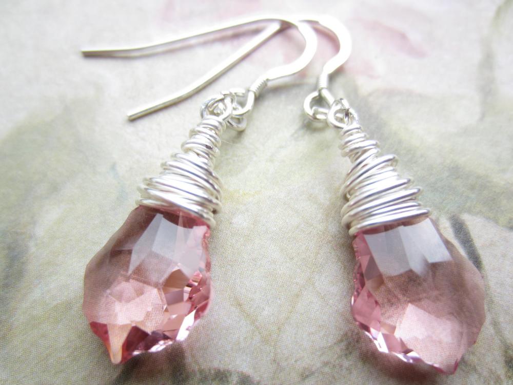 Crystal Earrings, Swarovski Earrings, Pink Crystal Earrings, Wire Wrapped, Briolette, Pale Pink, Baroque Earrings, Bridal Earrings, Wedding