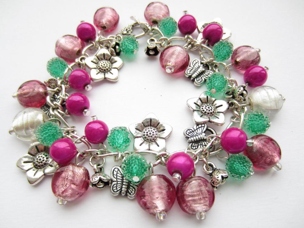 Cluster Bracelet, Charm Bracelet, Fuschia Pink, Green, Flowers, Butterflies, Glass Beads