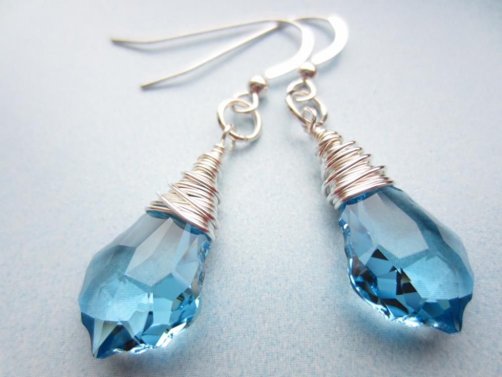 Swarovski Crystal Earrings, Wire Wrapped Earrings, Blue Crystal, Aquamarine, Briolette, Baroque, Drop, Wedding, Bridal, Something Blue