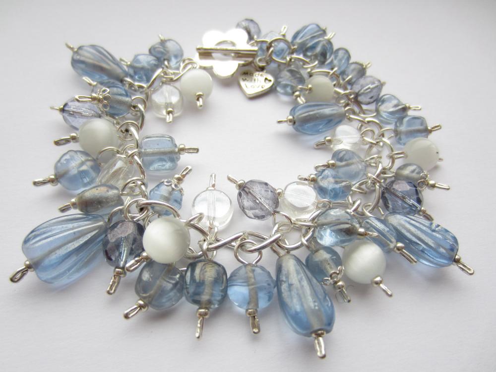 Pale Blue Bracelet, Blue And Silver Bracelet, Cluster Bracelet, Cats Eye Bead, Denim Blue, Powder Blue, Charm Bracelet, Something Blue