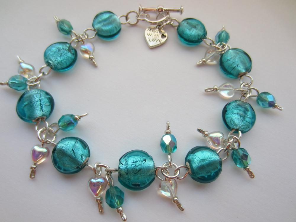 Teal Blue Glass Bracelet, Teal Blue Indian Glass, Teal Blue Beaded Bracelet, Crystal Heart Bracelet