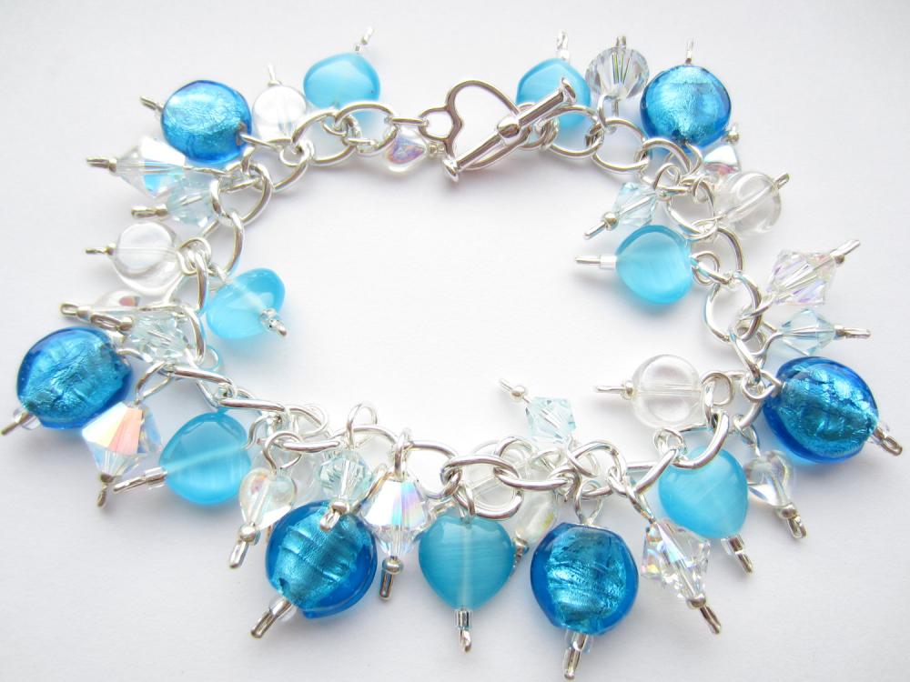 Swarovski Crystal Bracelet, Turquoise Blue Bracelet, Indian Glass, Crystal Heart, Charm Bracelet, Cluster Bracelet