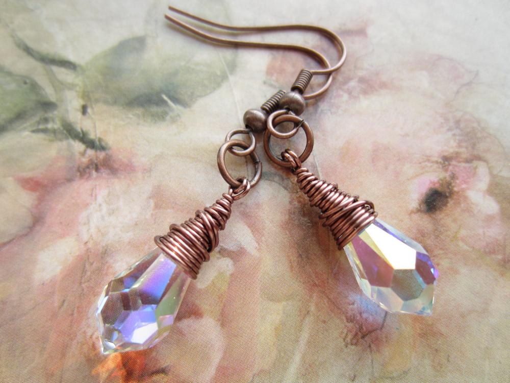 Swarovski Crystal Earrings, Copper Wire Wrapped Earings, Crystal Drop Earrings, Bridal Jewellery, Wedding, Steampunk