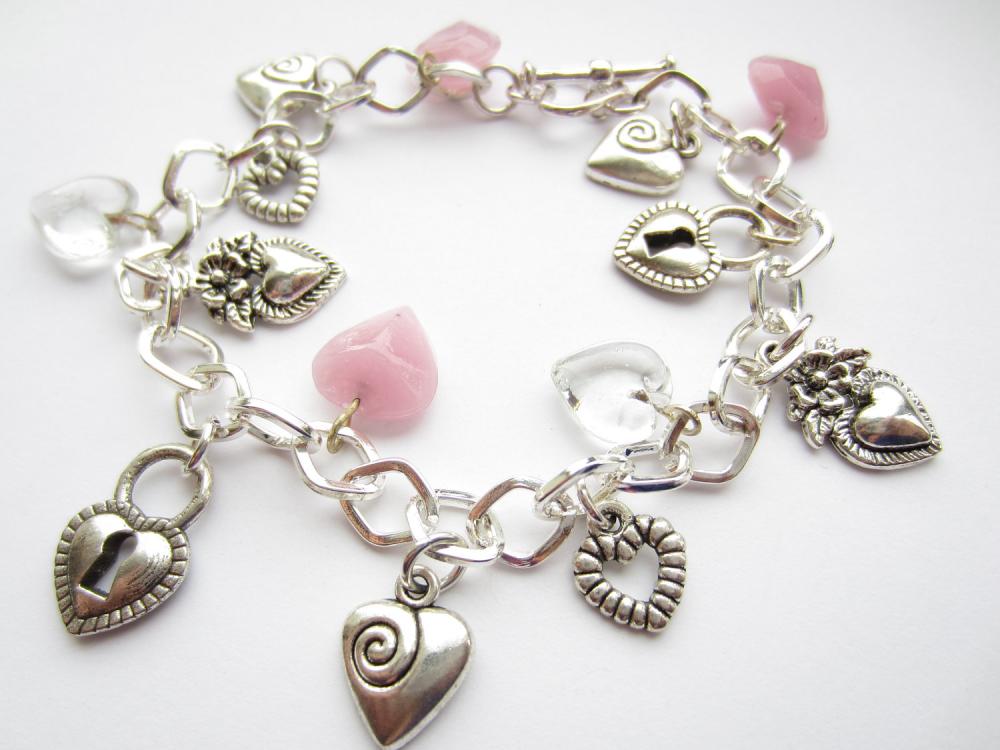 Silver Charm Bracelet, Hearts Charm Bracelet, Pink Hearts, Silver Bracelet
