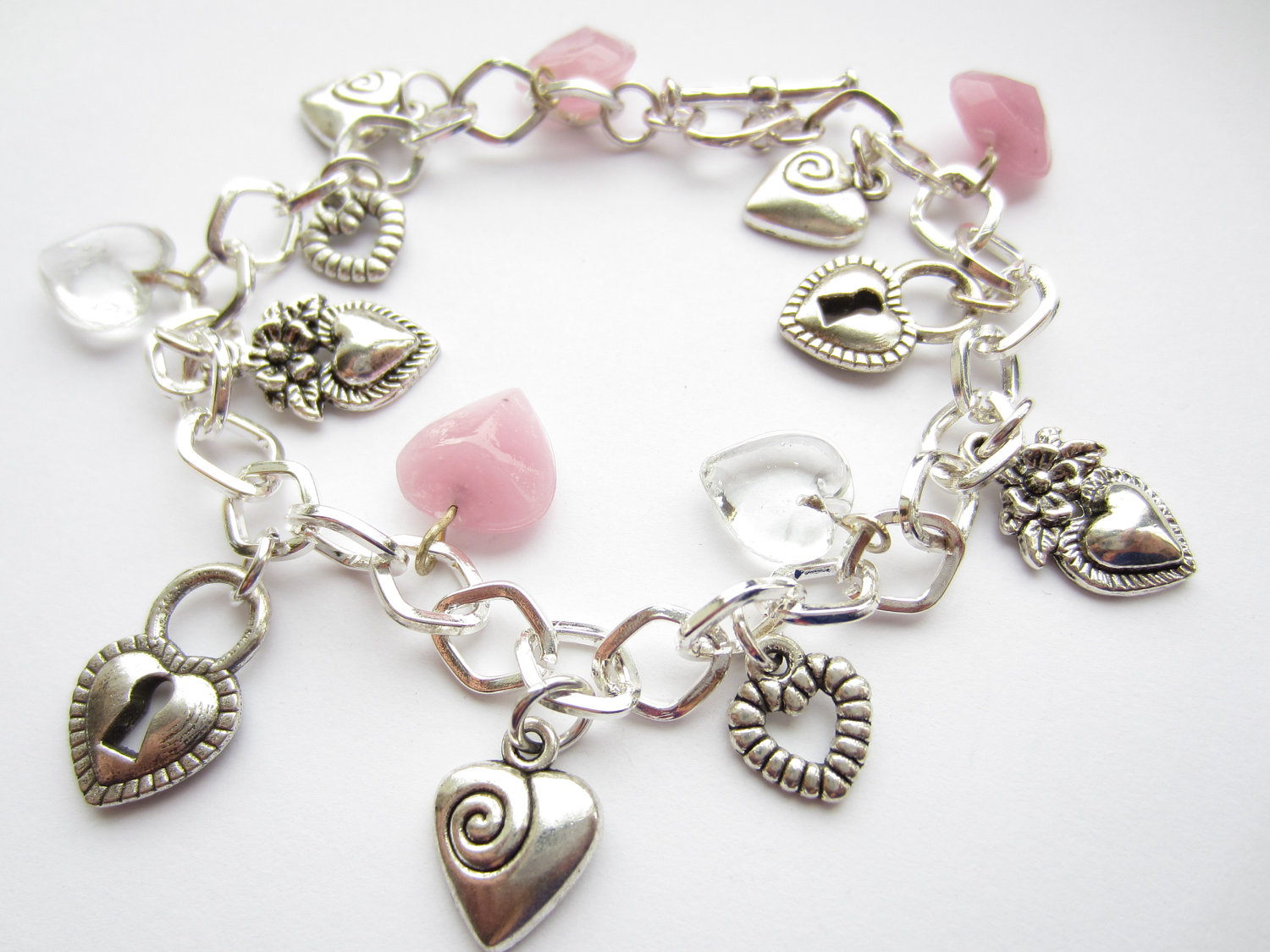 Silver Charm Bracelet Hearts Pink Silver Charm Bracelet Hearts Pink